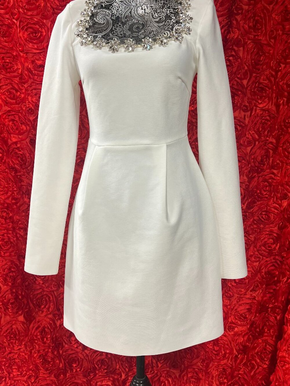 Anewsta Rhinestone Square Collar Long Sleeve White Cocktail Dress L